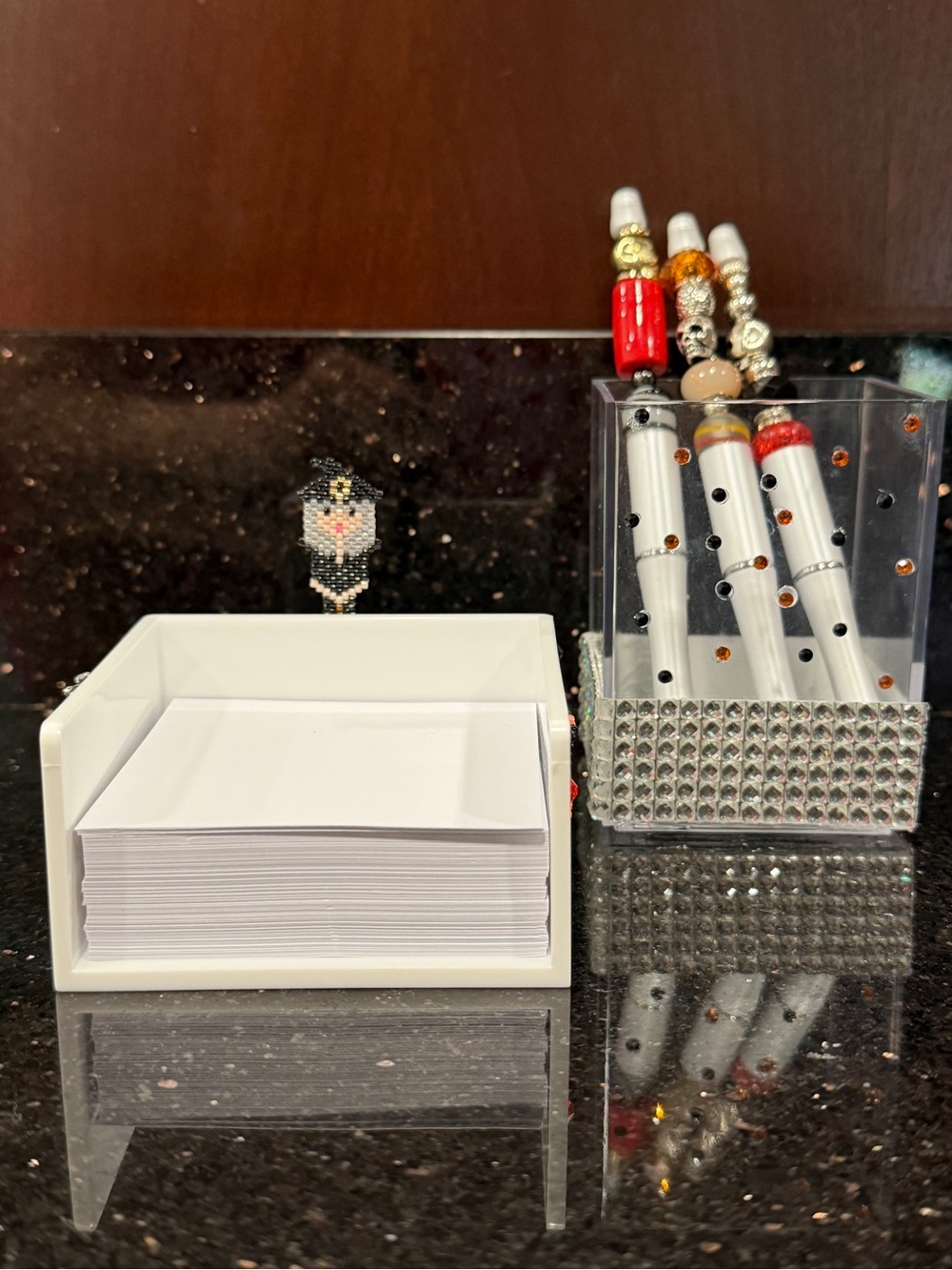 Memo note holder, pen cup, and three pens for Halloween decor / crystal & beads
